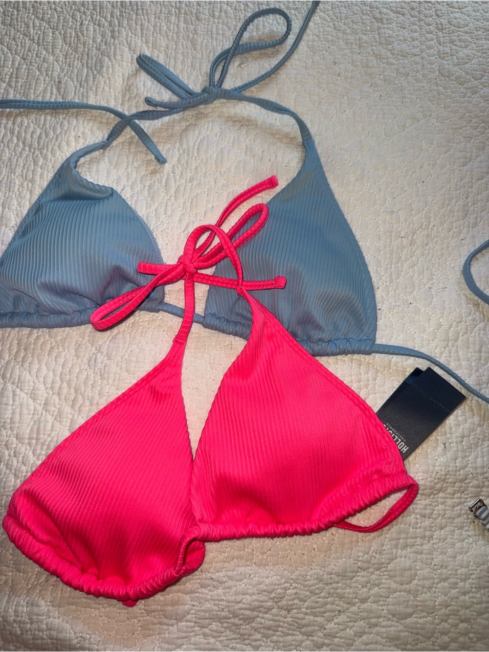 Ribbed Triangle Bikini Tops (2)- Hot Pink and Blue
